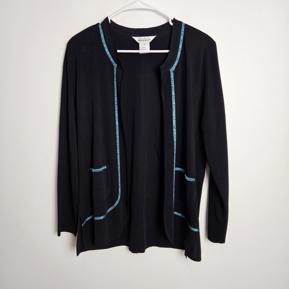 Exclusively Misook Knit Cardigan Women's Size S Pockets Career‎ Black Blue Trim